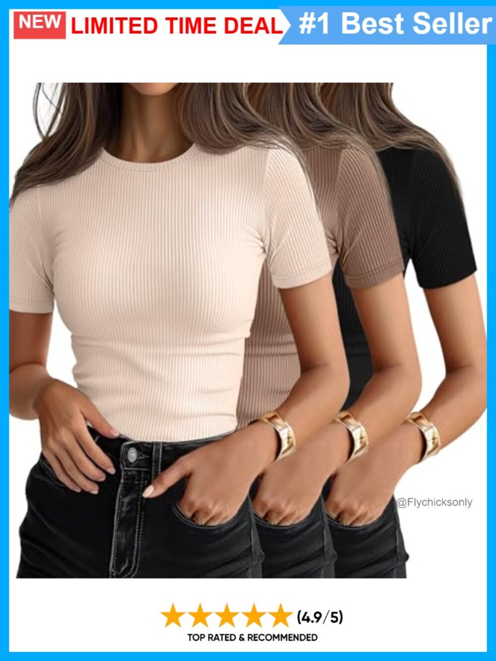 Women's Ribbed Short Sleeve Crew Neck T-Shirts 3 Pack Slim Fit Cotton Spandex